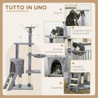 Torre per Gatti con Casetta, Trespolo, Piattaforme e 4 Topolini, in Legno, Peluche e Sisal, 50x35x134.2 cm, Grigio