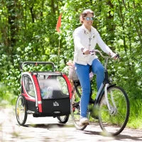 Rimorchio Bici per Bambini e Passeggino, Design 2 in 1 con Freno, Cintura a 5 Punti, Carrello Rimorchio per Bicicletta con Tasche Laterali, Catarifrangenti e Bandierina, Rosso