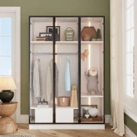 Armadio Spazioso con 3 Ante in Vetro, 1 Cassetto e 1 Asta Appendiabiti, Illuminazione LED Integrata, 110x50x160 cm, Bianco