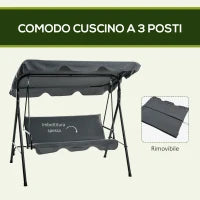 Dondolo 3 Posti con Tettuccio Regolabile e Cuscini, in Acciaio e Poliestere, 172x110x153 cm, Grigio