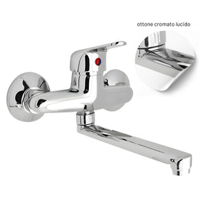 Miscelatore a muro in ottone lavello cucina con 2 canne erogazione orientabile