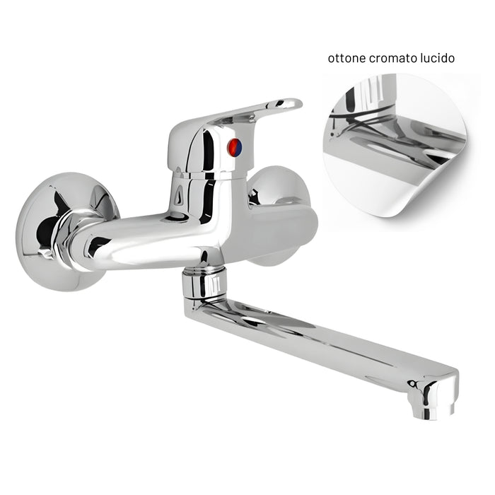 Miscelatore a muro in ottone lavello cucina con 2 canne erogazione orientabile