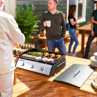 Piastra a Gas in Acciaio Smaltato con 3 Bruciatori Potenza 7.5kW, 3 Zone di Cottura e Coperchio, Nero