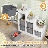 Scaffale Portagiochi a 3 Livelli con 6 Contenitori per Bambini da 3-8 Anni, 96x38.5x90cm, Grigio