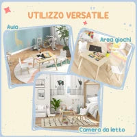 Set Tavolo 3 in 1 e 2 Sedie per Bambini con Schienale a Orsetto, Età 3-6 Anni, Colore Legno