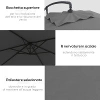 Ombrellone da Giardino Decentrato con Base a Croce e Apertura a Manovella, 294x193cm, Grigio