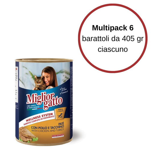 Multipack da 6 barattoli di miglior gatto bocconcini pate' con pollo e tacchino 405 gr ciascuno