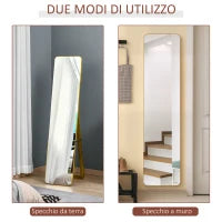 Specchio da Terra e da Parete con Struttura in Legno, Supporto Pieghevole con Cerniera, 37x43x156cm, Noce Chiaro