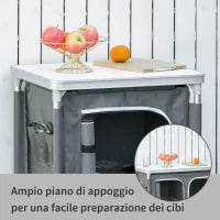Mobile Cucina da Campeggio con 2 Mensole e Sacca di Trasporto, in Alluminio e Tessuto Oxford 60x49x70cm Grigio