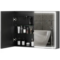 Armadietto a Specchio d Bagno con Luci LED e Ripiani Regolabili, in Vetro e Alluminio, 80x12.8x60 cm, Nero