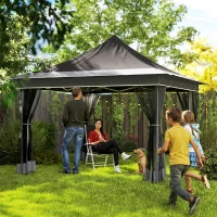 Gazebo da Giardino ad Altezza Regolabile con Zanzariera, in Poliestere e Metallo, 357x357x310 cm, Grigio Scuro