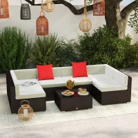 Salotto da Giardino in Rattan da 7 Pezzi con Tavolino e Divano Modulabile con Cuscini, Crema