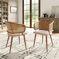 Set di 2 sedie da pranzo con schienale in rattan, cuscino della seduta in pelle PU, 51x 54x79 cm, Beige Marrone