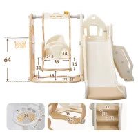 Scivolo per bambini 5-in-1 con altalena, arrampicata, canestro da basket e spazio di stoccaggio, 179×184×103 cm,Marrone+Bianco