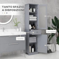 kleankin Mobile Colonna Bagno Salvaspazio con Armadietto, Cassetto e Ripiani in MDF, 40x27x171.5cm, Grigio