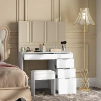 Set Tavolo da Trucco con Specchio e 5 Cassetti 97.2x44.5x136.5 cm e Sgabello Imbottito 40x24x46 cm, Bianco
