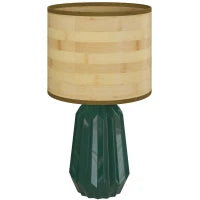 Lampada da Tavolo con Base in Ceramica e Paralume in Lino Stile Retrò 40W Verde e Legno Naturale