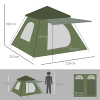 Tenda da Campeggio 2 Posti con Veranda, Finestre e Porta con Cerniera, 210x210x150 cm, Verde
