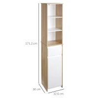 kleankin Scaffale Bagno Salvaspazio in Legno, Mobiletto a Colonna con Ripiani, Armadietto e Cassetto, Bianco, 32.6x30x171.2cm