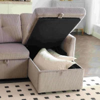 Divano Componibile a L in Velluto, Divano letto reclinabile estraibile convertibile, con sedili portaoggetti, Grigio chiaro