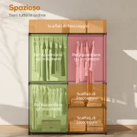 Guardaroba Portatile con 2 Aste e 6 Ripiani, in Tessuto non Tessuto, Plastica e Acciaio, 111x43x185 cm, Nero
