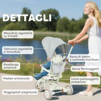 Triciclo per Bambini 5 in 1 con Maniglione di Spinta e Copertura Rimovibile, 96.5x49x101 cm, Bianco Crema