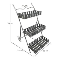 Fioriera da Balcone a 3 Ripiani con 2 Ruote, Porta Piante per Giardino in Metallo 53x39x78cm Nero