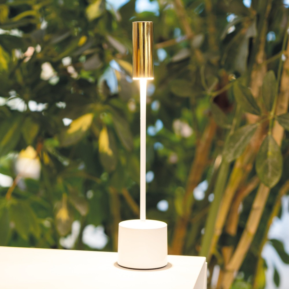 Zafferano - Lampada da tavolo ricaricabile Carolina Led dimmerabile Touch - Bianco Lucido e Ottone Spazzolato