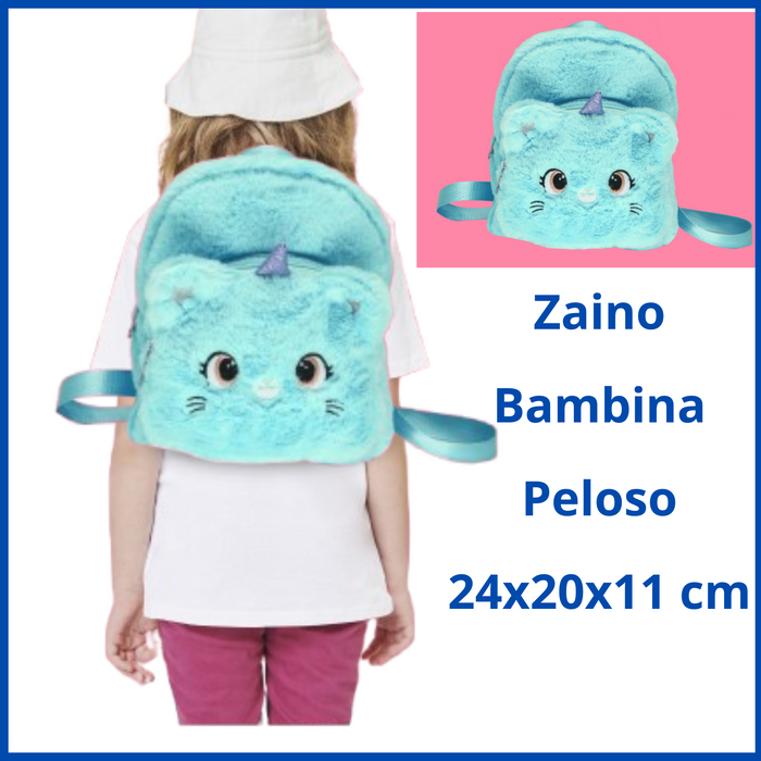 Zainetto da bambina zaino asilo passeggio campeggio scuola gatto peloso azzurro 2 tasche sacca zip