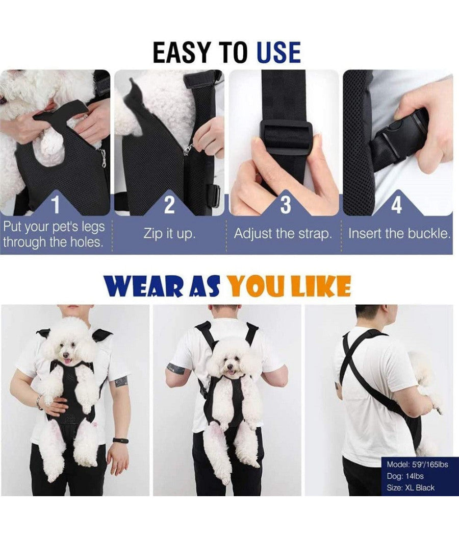 Zaino Per Animali Domestici Traspirante Cani Regolabile Portatile Rete Tg.m Nero         