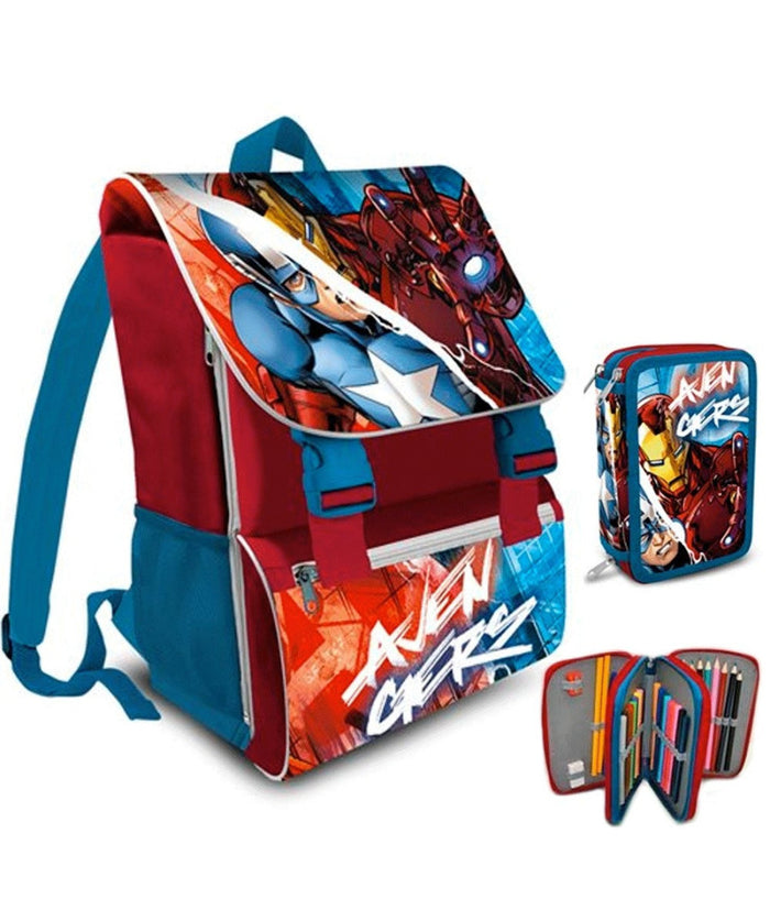 Zaino Scuola Estensibile Avengers Cartella + Astuccio Completo 3 Zip Elementari         