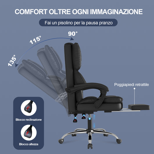Sedia da ufficio 200kg - RATTANTREE - poltrona scrivania, Sedia da Scrivania reclinabile 90-135°,  con poggiapiedi, Nero