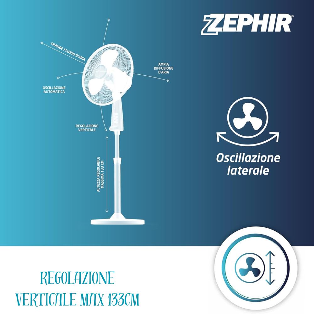 Zephir zng41p ventilatore a piantana ampia base tonda supersilent 45w pale 40cm