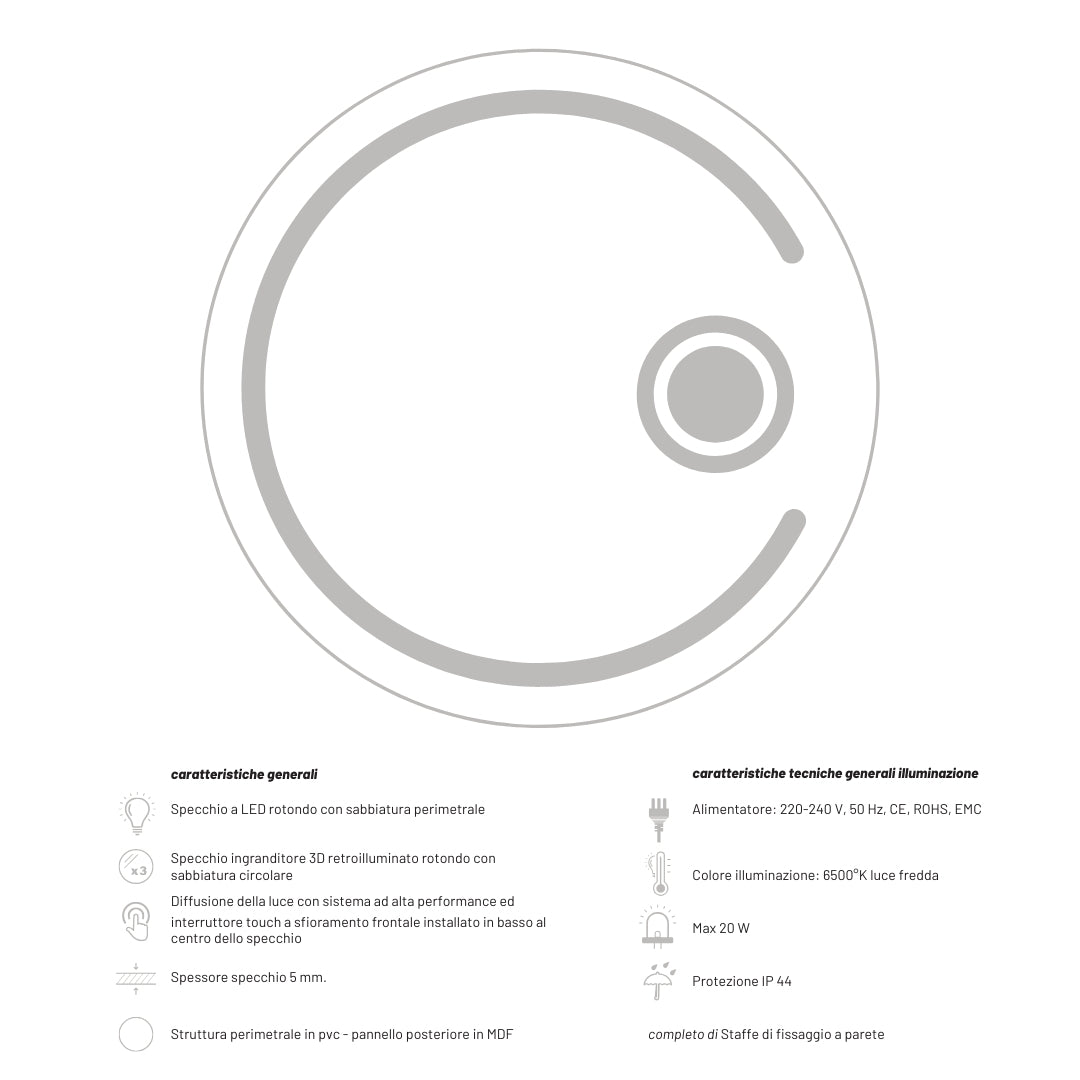 Specchio 5 mm tondo cornice led interruttore touch pvc mdf *** misura Ã˜80, tonalità dimmerabile 2700-4500-6500k, co...