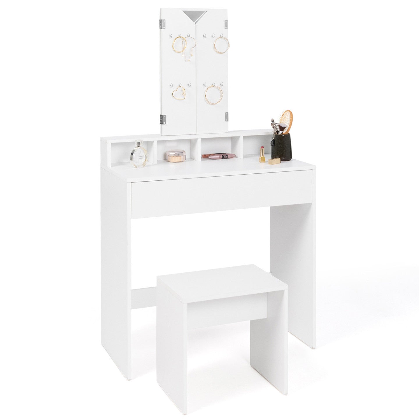 IDMarket - ZELIA Comodino a 3 specchi con 4 nicchie, 1 cassetto e sgabello