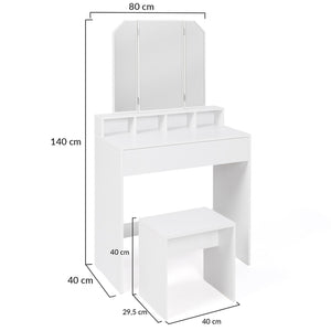 IDMarket - ZELIA Comodino a 3 specchi con 4 nicchie, 1 cassetto e sgabello