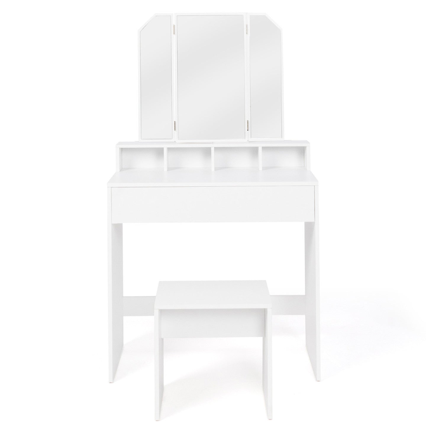 IDMarket - ZELIA Comodino a 3 specchi con 4 nicchie, 1 cassetto e sgabello