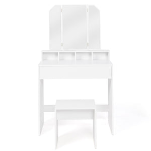 IDMarket - ZELIA Comodino a 3 specchi con 4 nicchie, 1 cassetto e sgabello