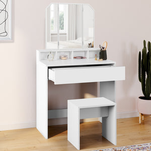 IDMarket - ZELIA Comodino a 3 specchi con 4 nicchie, 1 cassetto e sgabello