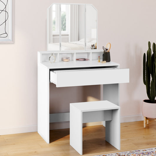 IDMarket - ZELIA Comodino a 3 specchi con 4 nicchie, 1 cassetto e sgabello