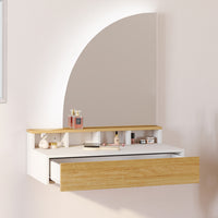IDMarket - ZELIA, tavolo da toilette sospeso con specchio LED, 4 nicchie, 1 cassetto, legno e bianco