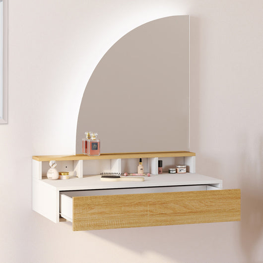 IDMarket - ZELIA, tavolo da toilette sospeso con specchio LED, 4 nicchie, 1 cassetto, legno e bianco