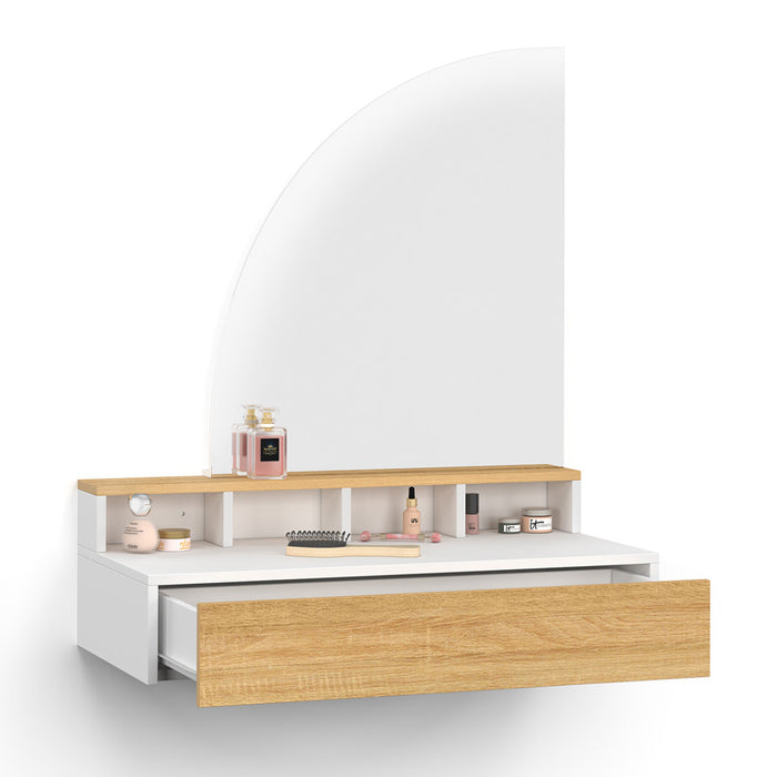 IDMarket - ZELIA, tavolo da toilette sospeso con specchio LED, 4 nicchie, 1 cassetto, legno e bianco