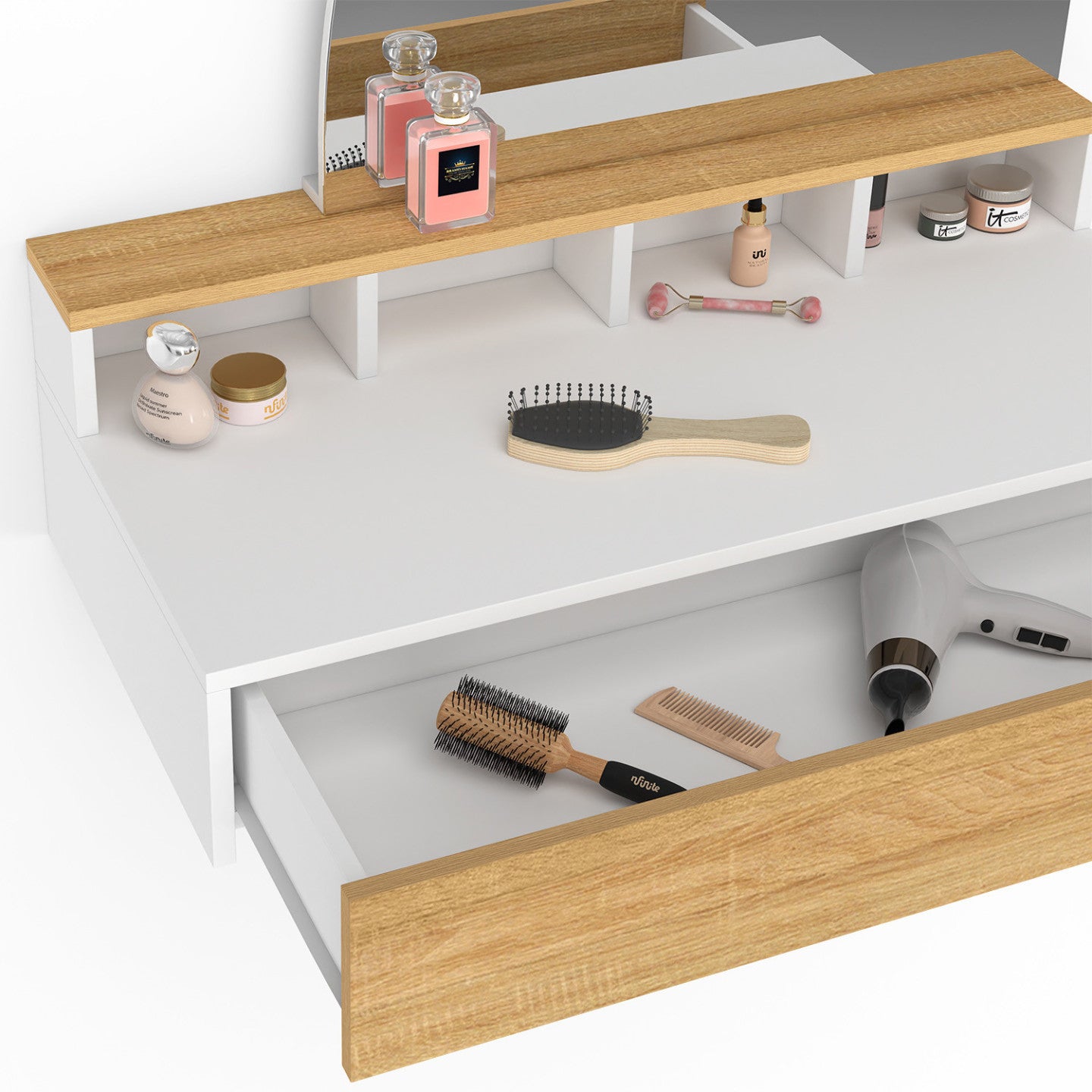 IDMarket - ZELIA, tavolo da toilette sospeso con specchio LED, 4 nicchie, 1 cassetto, legno e bianco