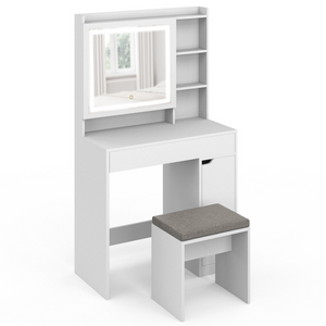 IDMarket - ZELIA tocador blanco con espejo LED, almacenamiento, 1 cajón, 1 unidad de almacenamiento y taburete tapizado