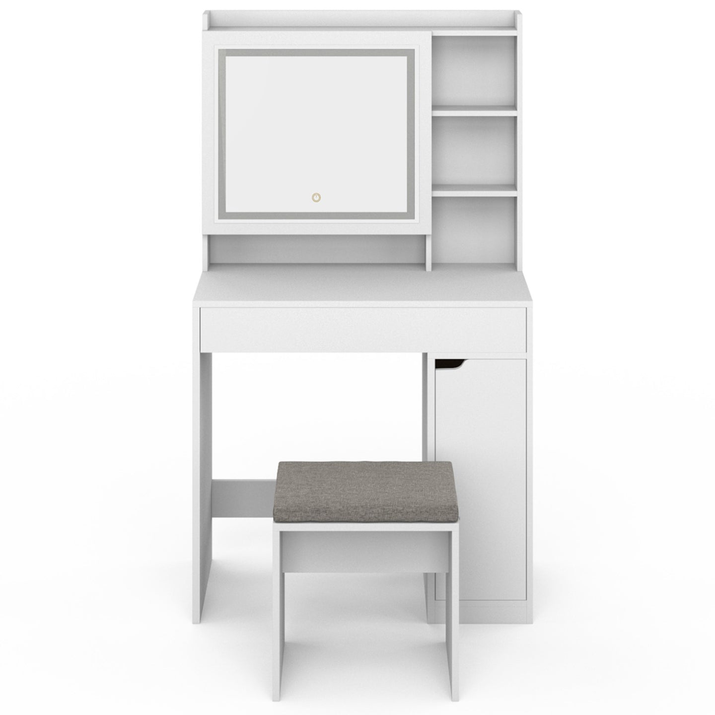 IDMarket - ZELIA tocador blanco con espejo LED, almacenamiento, 1 cajón, 1 unidad de almacenamiento y taburete tapizado
