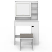 IDMarket - ZELIA tocador blanco con espejo LED, almacenamiento, 1 cajón, 1 unidad de almacenamiento y taburete tapizado