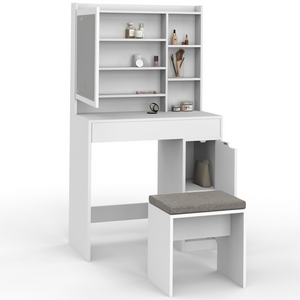 IDMarket - ZELIA tocador blanco con espejo LED, almacenamiento, 1 cajón, 1 unidad de almacenamiento y taburete tapizado
