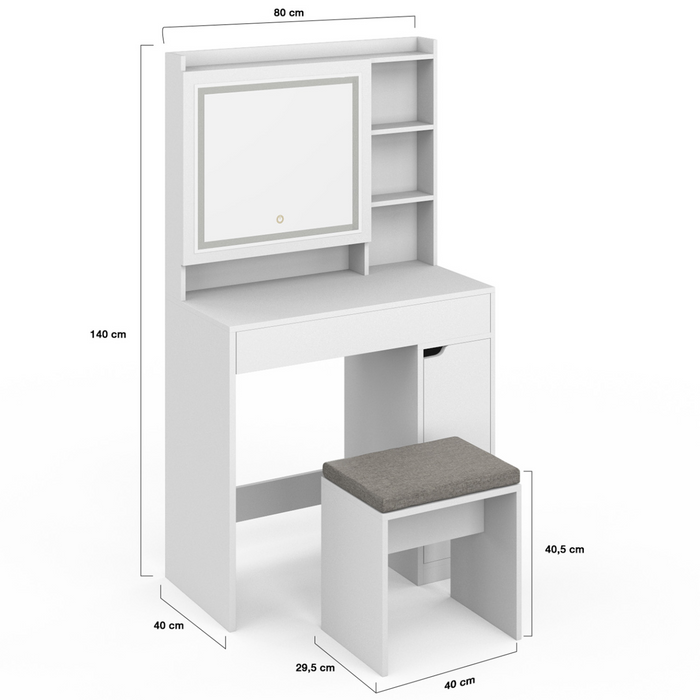 IDMarket - ZELIA tocador blanco con espejo LED, almacenamiento, 1 cajón, 1 unidad de almacenamiento y taburete tapizado