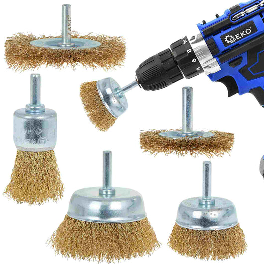 SET 5PZ SPAZZOLE METALLICHE IN FILO DI OTTONE ONDULATO CON GAMBO 6mm GEKO G00641